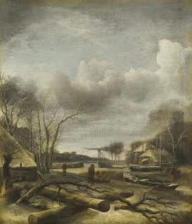 Jan Van De Cappelle - Winter Landscape With A Man Fixing A Sled At The Edge Of A Frozen River