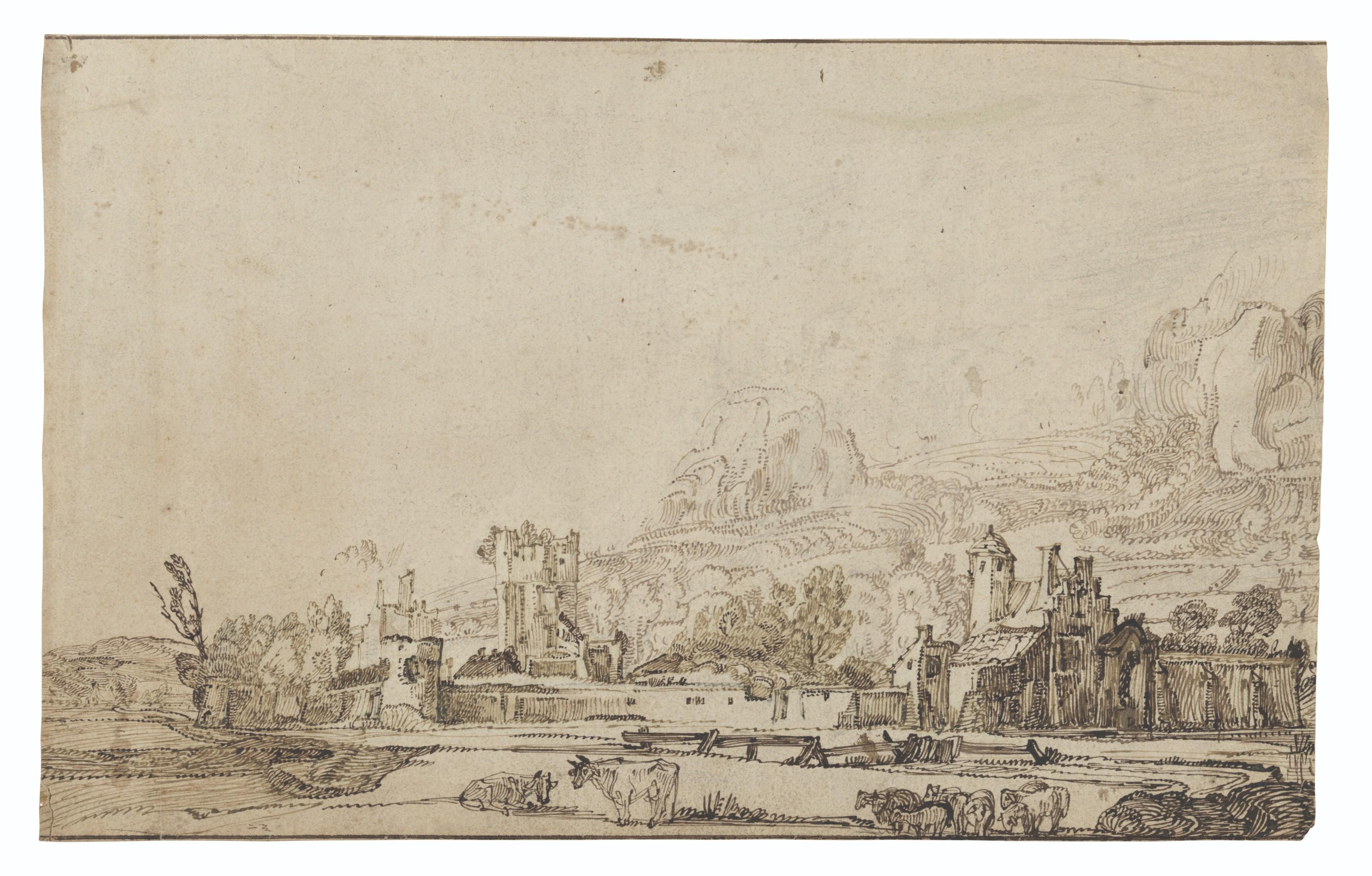 Jan Van De Velde Ii - A view of the ruin of Huis ter Kleef near Haarlem, with cows and sheep, and mountains behind