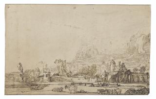 Jan Van De Velde Ii - A view of the ruin of Huis ter Kleef near Haarlem, with cows and sheep, and mountains behind