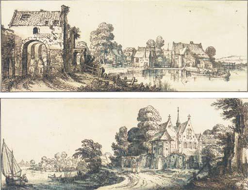 Jan van de Velde II - A Village On A Broad River With Two Horseman At A Gateway To The Left; And An Abbey By A River With A Group of Monks On A Track