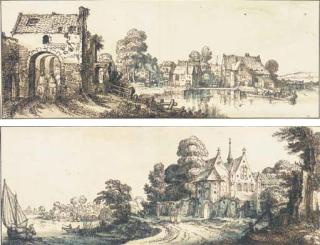 Jan van de Velde II - A Village On A Broad River With Two Horseman At A Gateway To The Left; And An Abbey By A River With A Group of Monks On A Track
