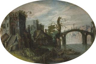 Jan van de Velde II. - Flusslandschaft mit Ruinen und einer Brücke.
