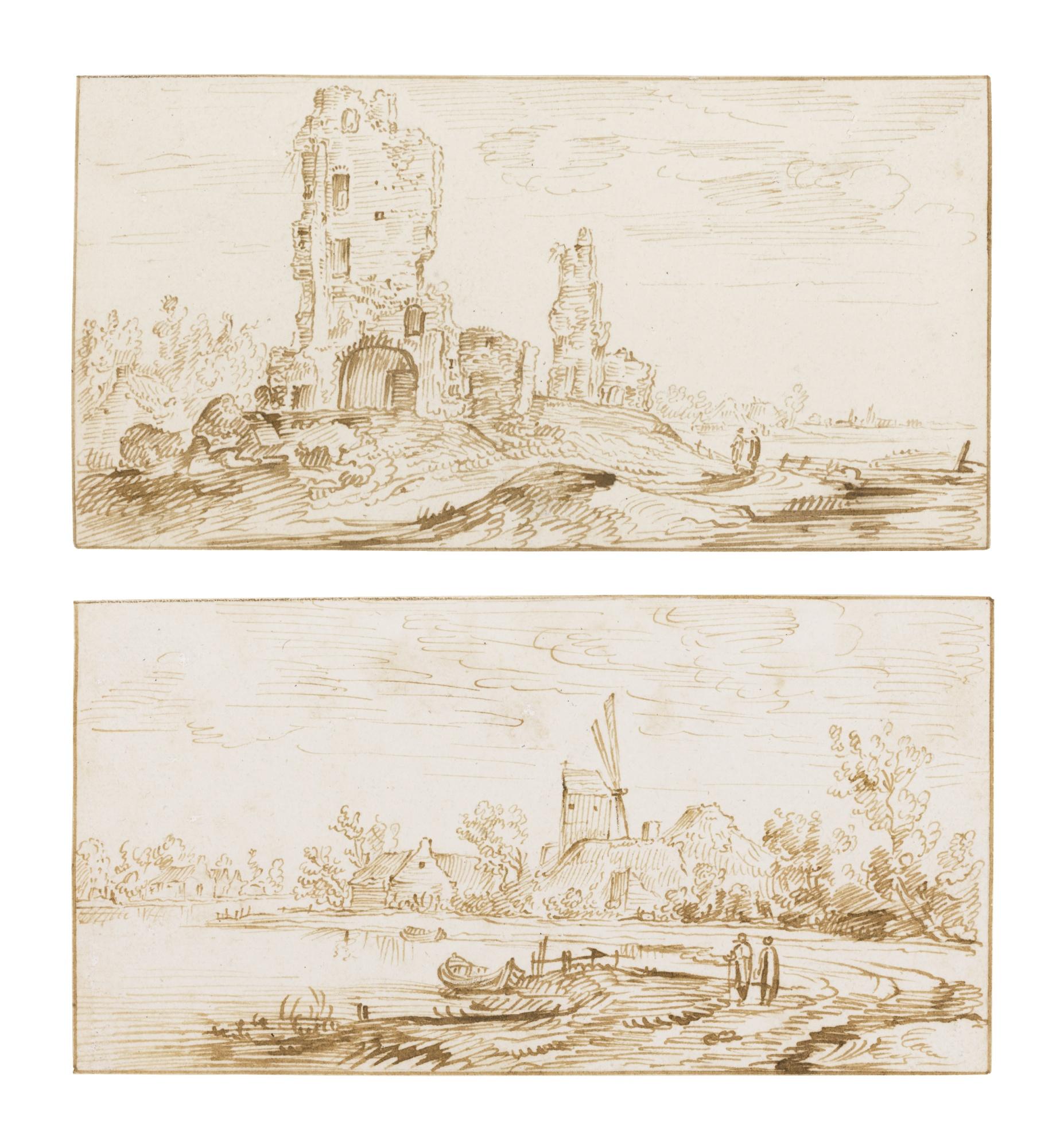 Jan Van De Velde Ii - Two Landscape Sketches: A River Landscape; A Landscape With A Ruined Castle