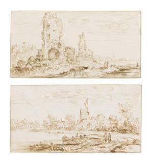 Jan Van De Velde Ii - Two Landscape Sketches: A River Landscape; A Landscape With A Ruined Castle