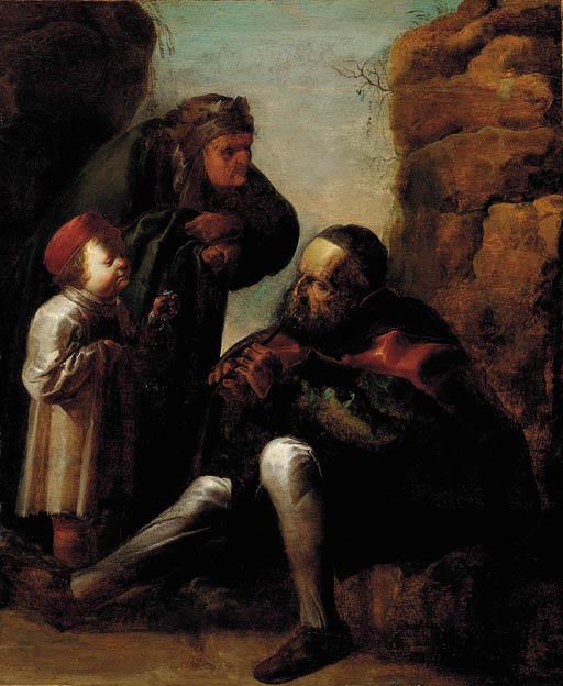 Jan Van De Venne - An old man playing a pipe with a woman and child