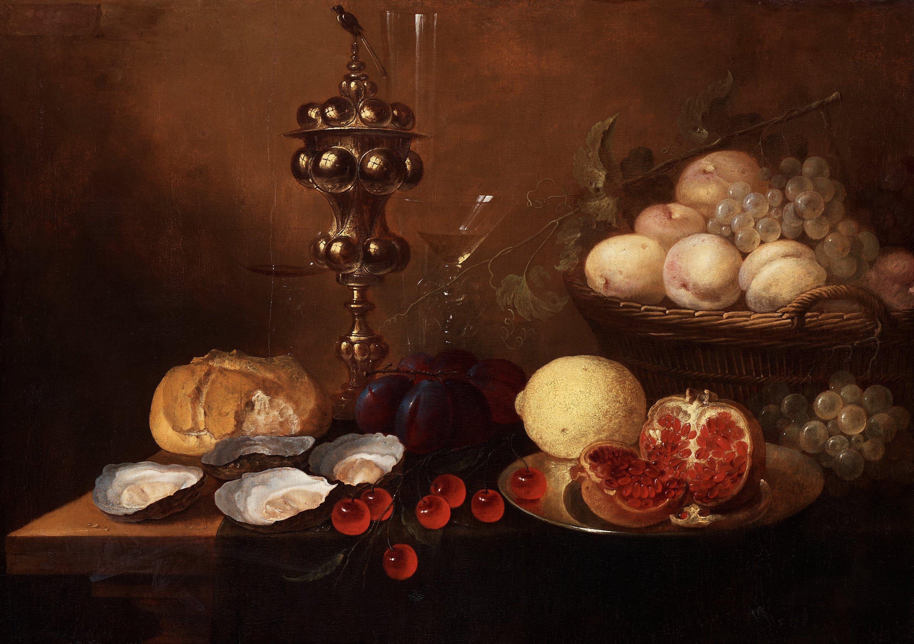 Jan van den Hecke d.ä - Still life with a silver beaker, oysters, pomegranate, cherries and grapes