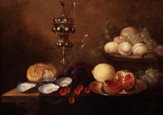 Jan van den Hecke d.ä - Still life with a silver beaker, oysters, pomegranate, cherries and grapes