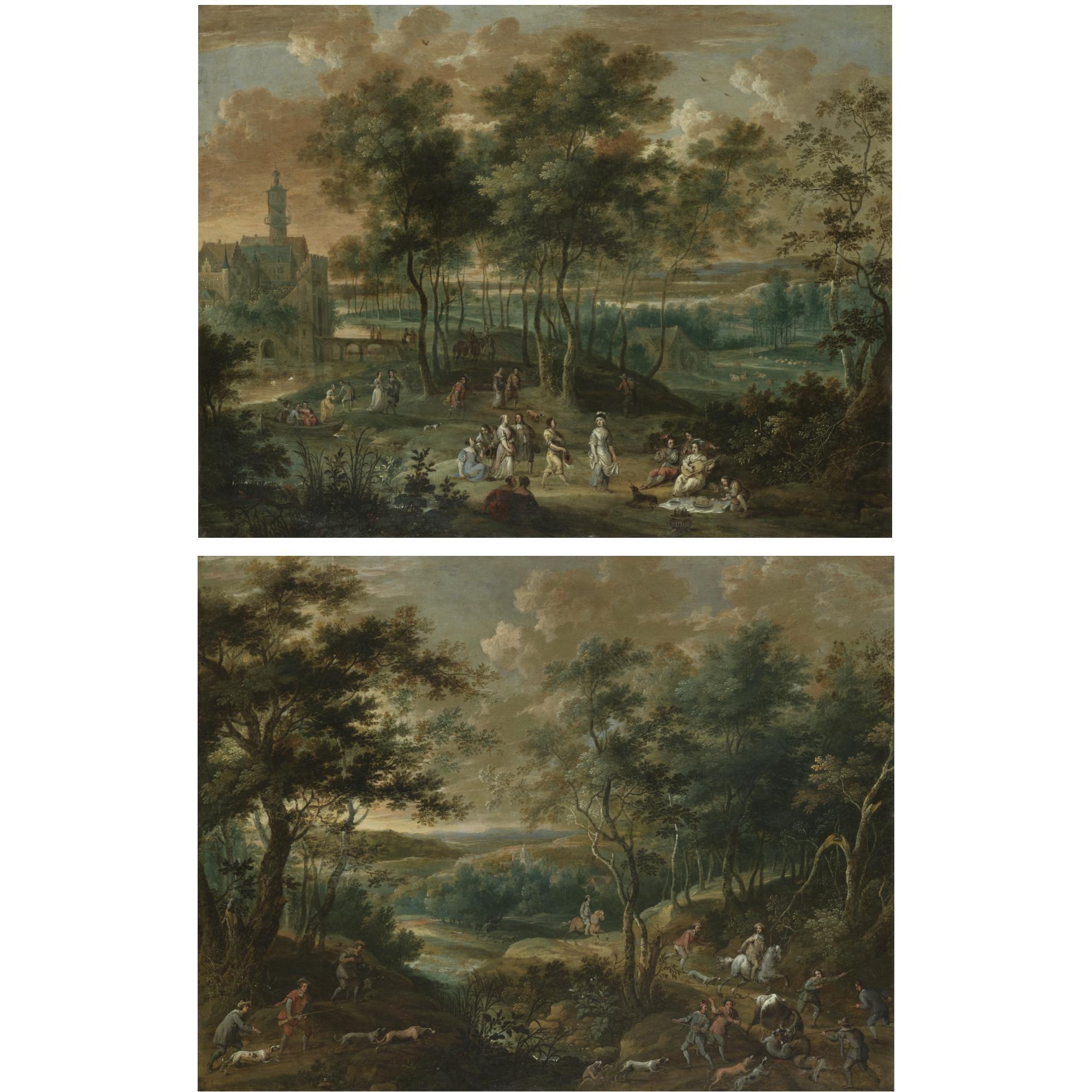 Jan van den Hecke the Elder - Elegant Figures Picnicking And Making Music In A Park Landscape, A Castle Beyond; A Wooded River Landscape With A Hunting Party, A Hound Attacking A Bull