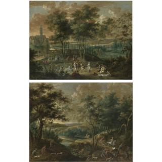Jan van den Hecke the Elder - Elegant Figures Picnicking And Making Music In A Park Landscape, A Castle Beyond; A Wooded River Landscape With A Hunting Party, A Hound Attacking A Bull