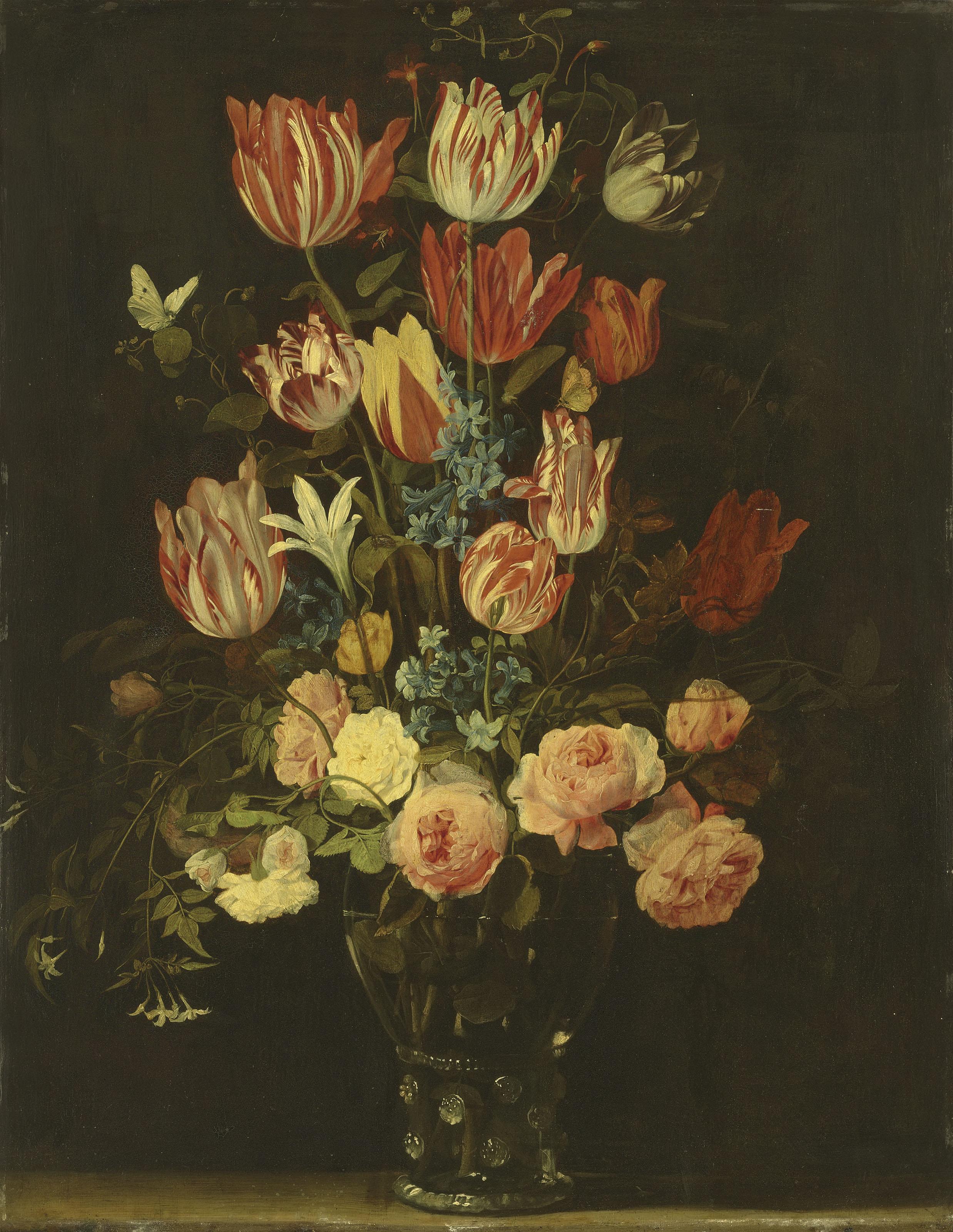 Jan Van Den Hecke, The Elder - Flowers in a glass  roemer  on a ledge