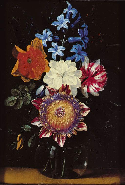 Jan Van Den Hecke - A chrysanthemum, a hyacinth, a poppy and other flowers in a glass vase