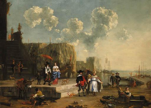Jan van der Bent - A capriccio of a Mediterranean harbour with elegant travellers, a moor and an oriental merchants, and other figues