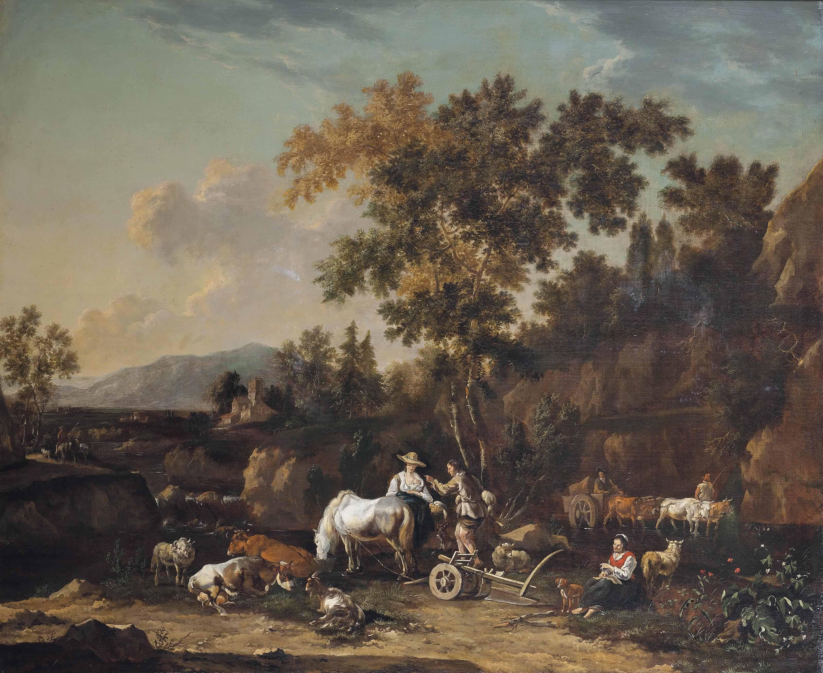 Jan van der Bent - A wooded landscape with peasants on a track