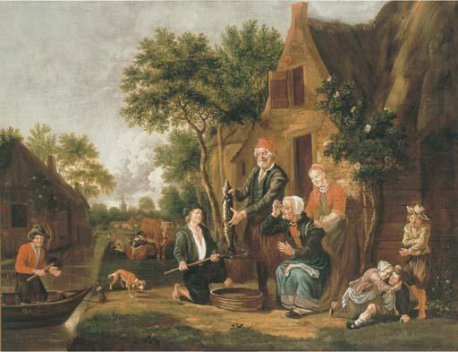 Jan van der Bent - Fishermen Selling Their Catch At A Riverside Cottage