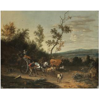 Jan Van Der Bent - Travellers With A Horse And Cart Passing Through An Extensive Landscape