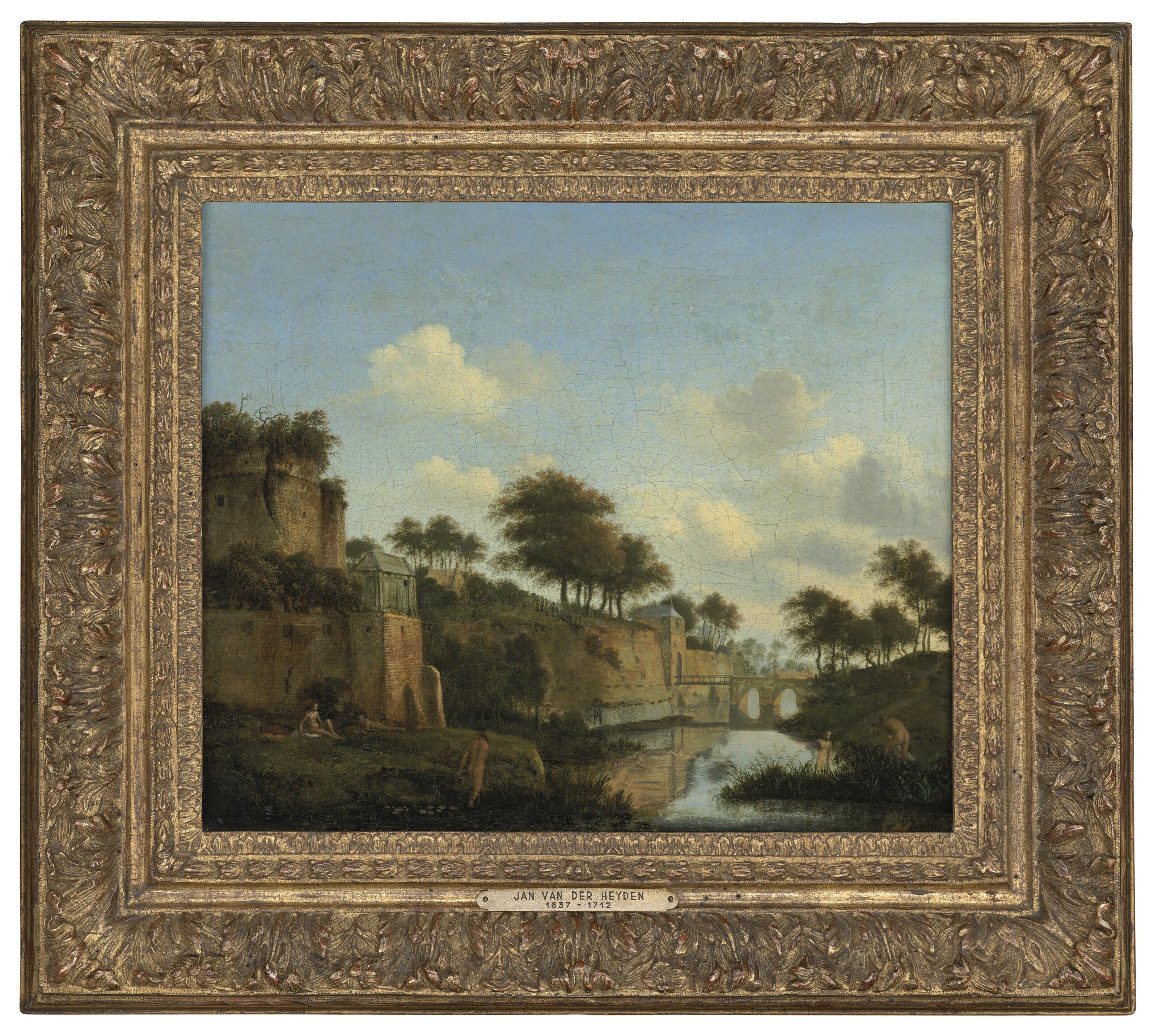 Jan Van Der Heyden - A fortified town with figures bathing