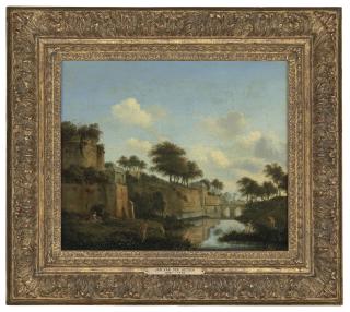 Jan Van Der Heyden - A fortified town with figures bathing