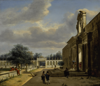 Jan Van Der Heyden - A Palatial Garden With Figures Emerging From A Palace, The Roof Of The Huis Ten Bosch Visible In The Distance