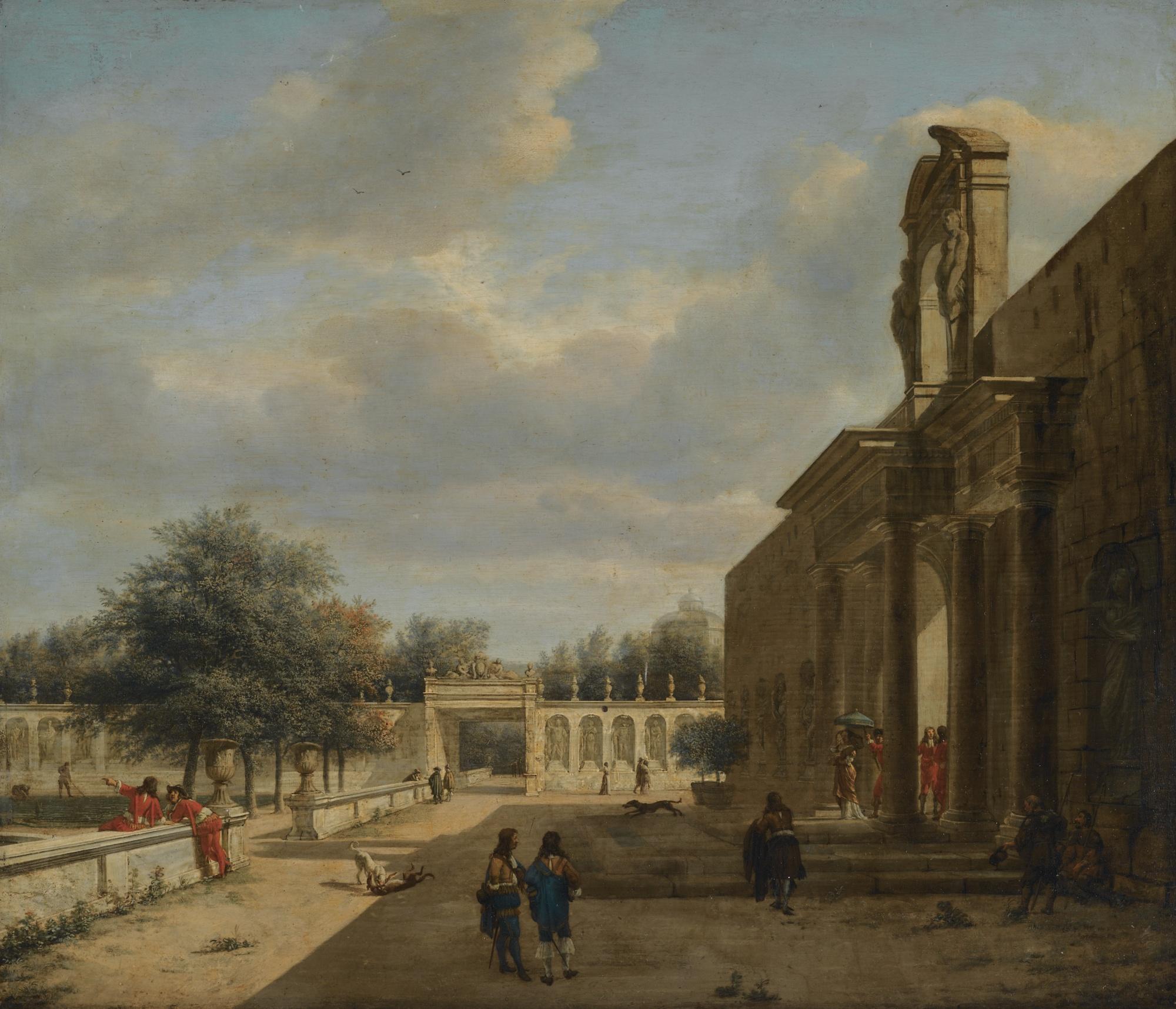 Jan Van Der Heyden - A Palatial Garden, With Figures Emerging From A Palace To The Right, An Arcade Beyond And A Balustrade To The Left, The Roof Of The Huis Ten Bosch Visible In The Distance