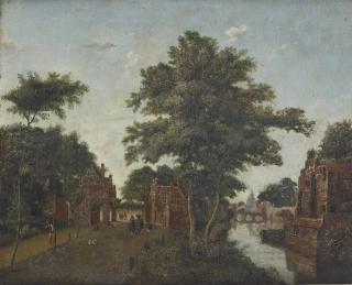 Jan Van Der Heyden - A view of a gateway along a river with elegant figures taking a stroll, a walled town in the distance