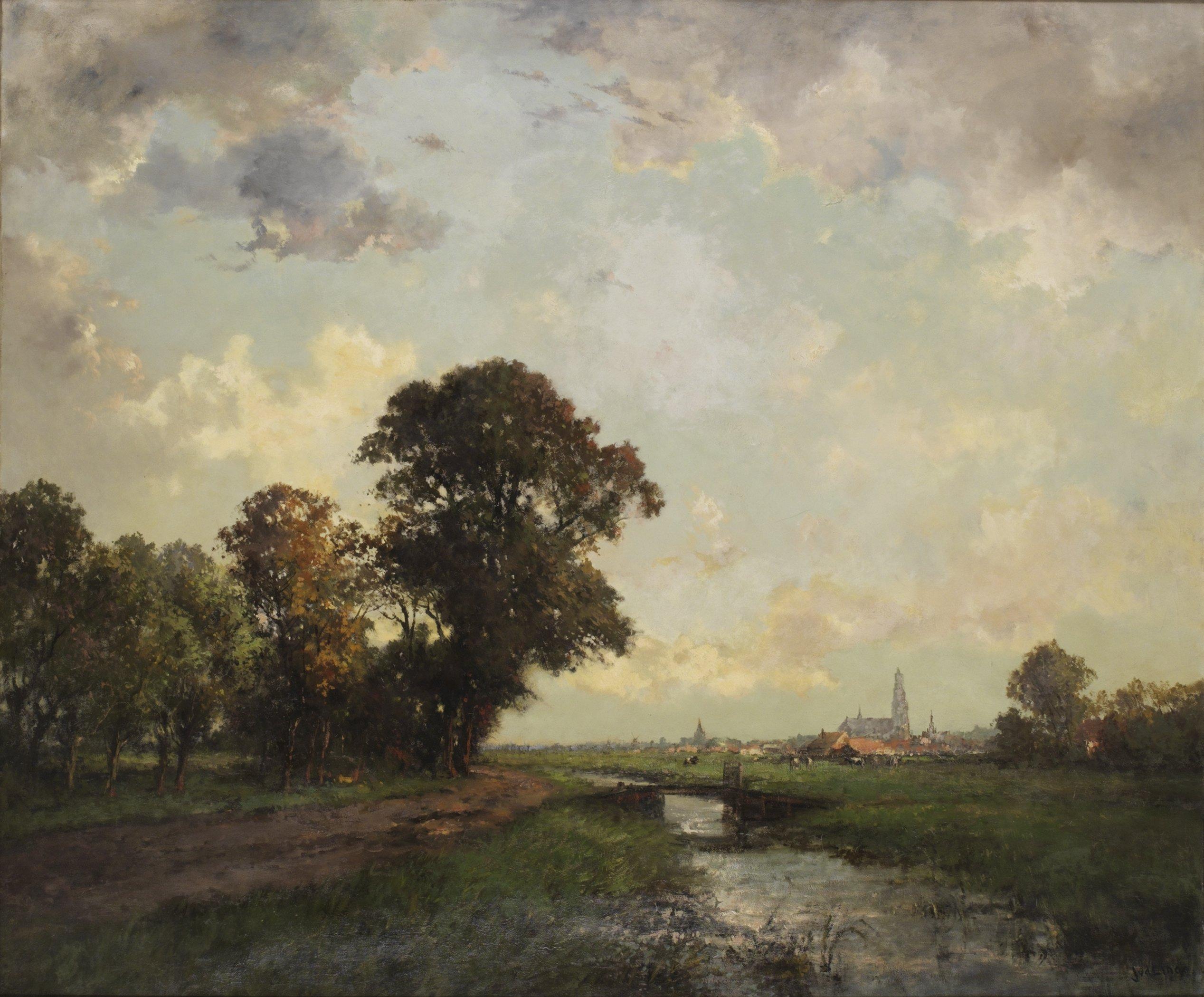 Jan Van der Linde - Landskapsmotiv med samhälle i bakgrunden.