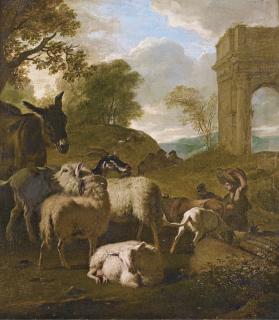 Jan Van Der Meer Le Jeune - Pastorale De Moutons Avec Un Âne, Pastorale De Moutons Avec Une Vachejan Van Der Meer The Younger ; Pastoral Scene With Sheep And A Donkey, Pastoral Scene With Sheep And A Cow ; Oil On Canvas, A Pair