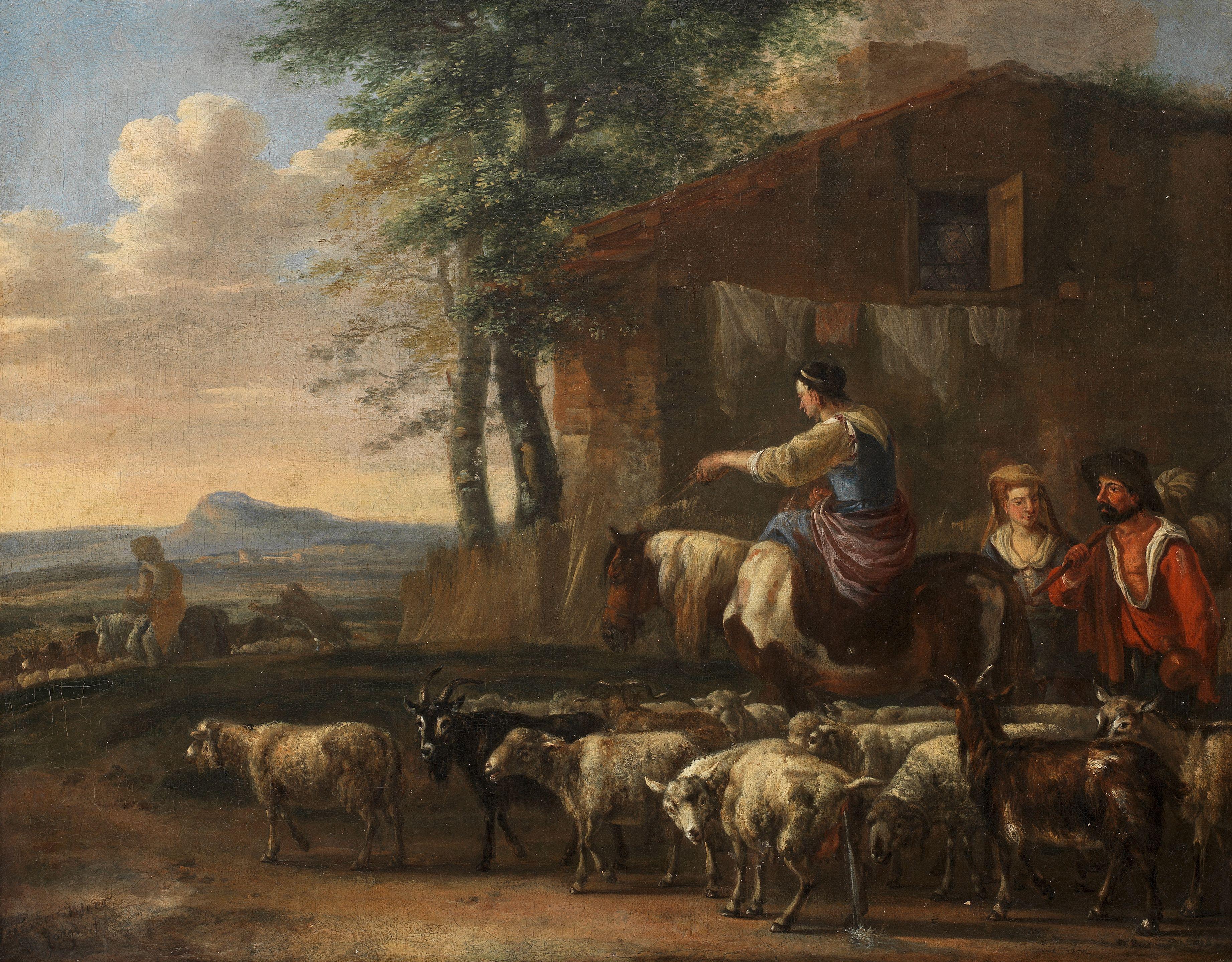 Jan Van Der Meer The Younger - Drovers with their flock before a house