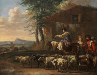 Jan Van Der Meer The Younger - Drovers with their flock before a house