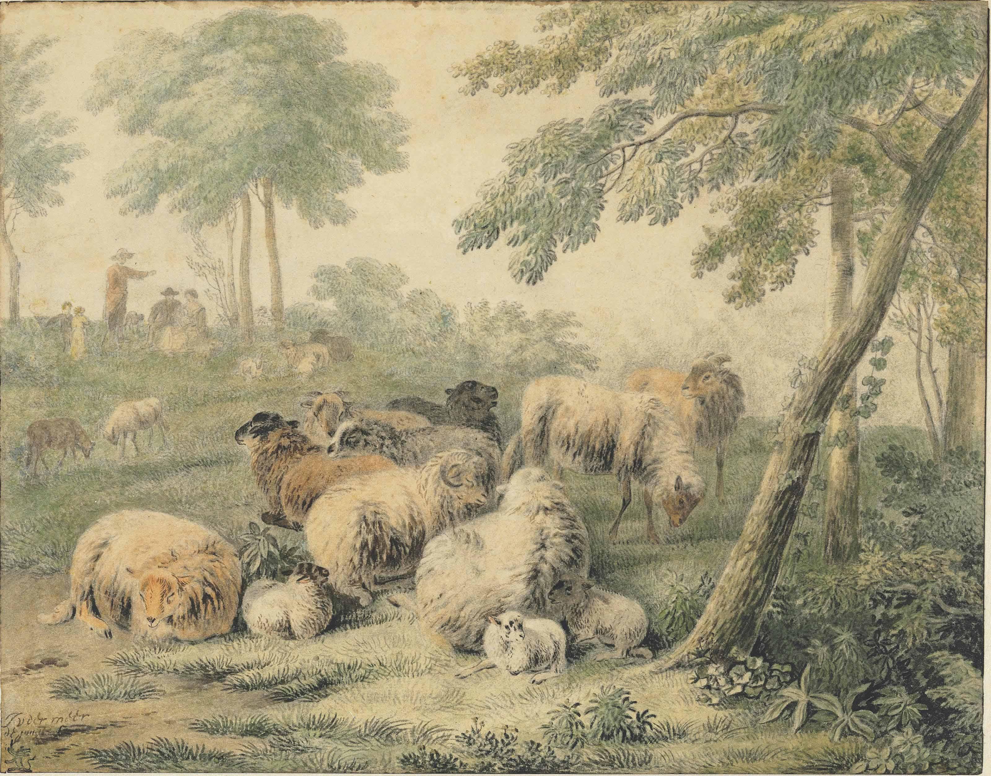 Jan Van Der Meer The Younger - Sheep In A Wooded Landscape With Peasants In The Background