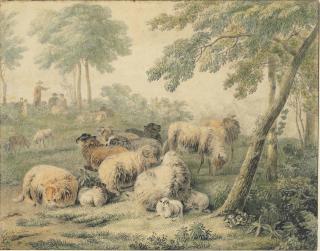 Jan Van Der Meer The Younger - Sheep In A Wooded Landscape With Peasants In The Background