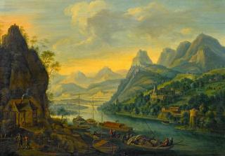 Jan van der Meer - Flusslandschaft vor Gebirge.