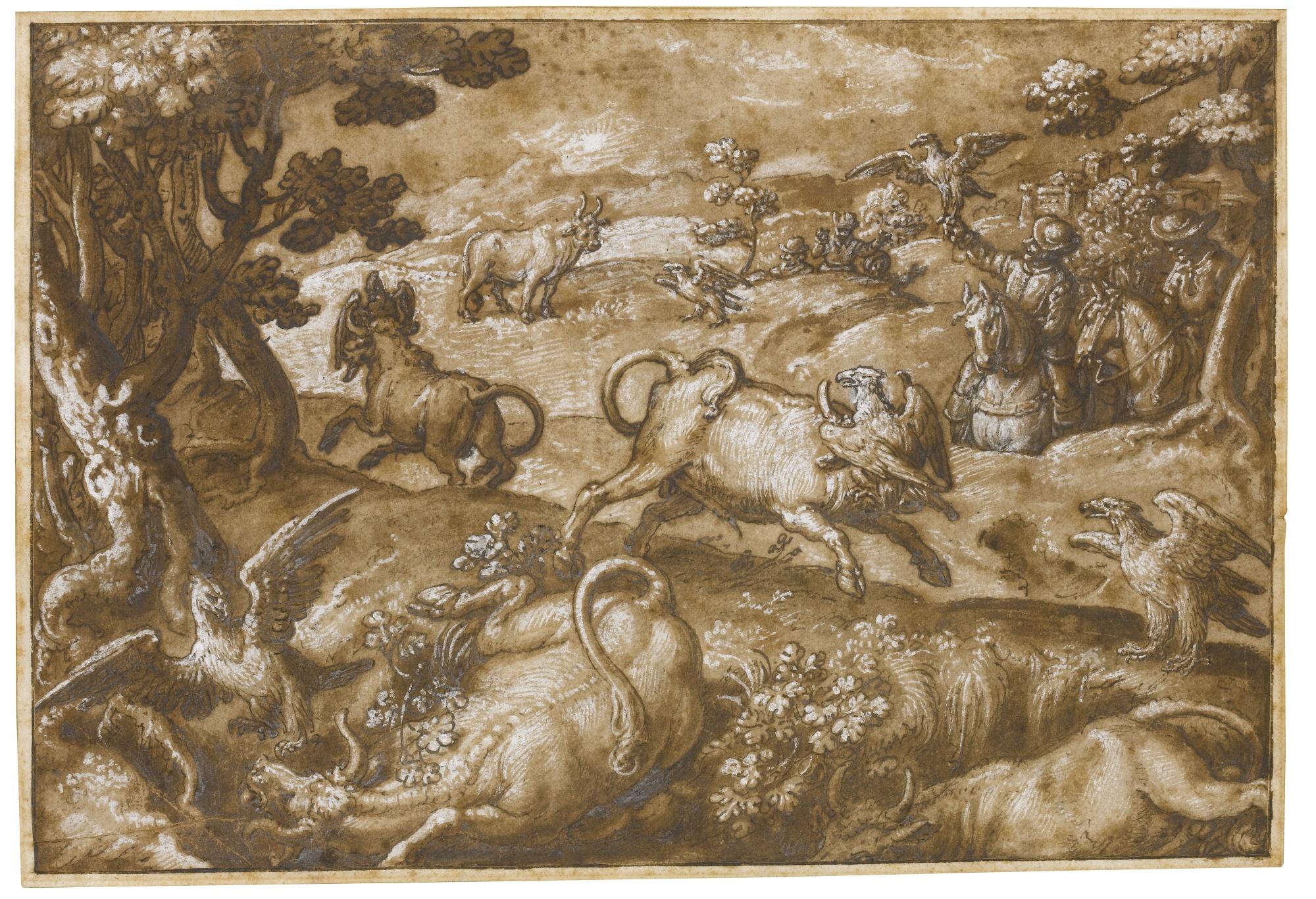 Jan Van Der Straet - Men Hunting Bulls With Falcons