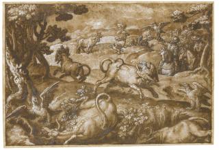 Jan Van Der Straet - Men Hunting Bulls With Falcons