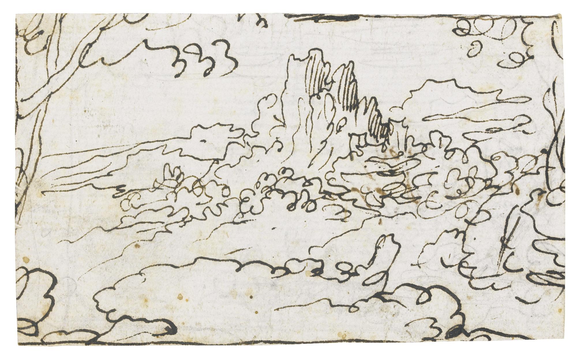 Jan Van Der Straet - Recto: A Mountainous Landscape; Verso: Sketch Of A Banner Or Coat Of Arms With Six Crescents