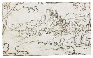 Jan Van Der Straet - Recto: A Mountainous Landscape; Verso: Sketch Of A Banner Or Coat Of Arms With Six Crescents