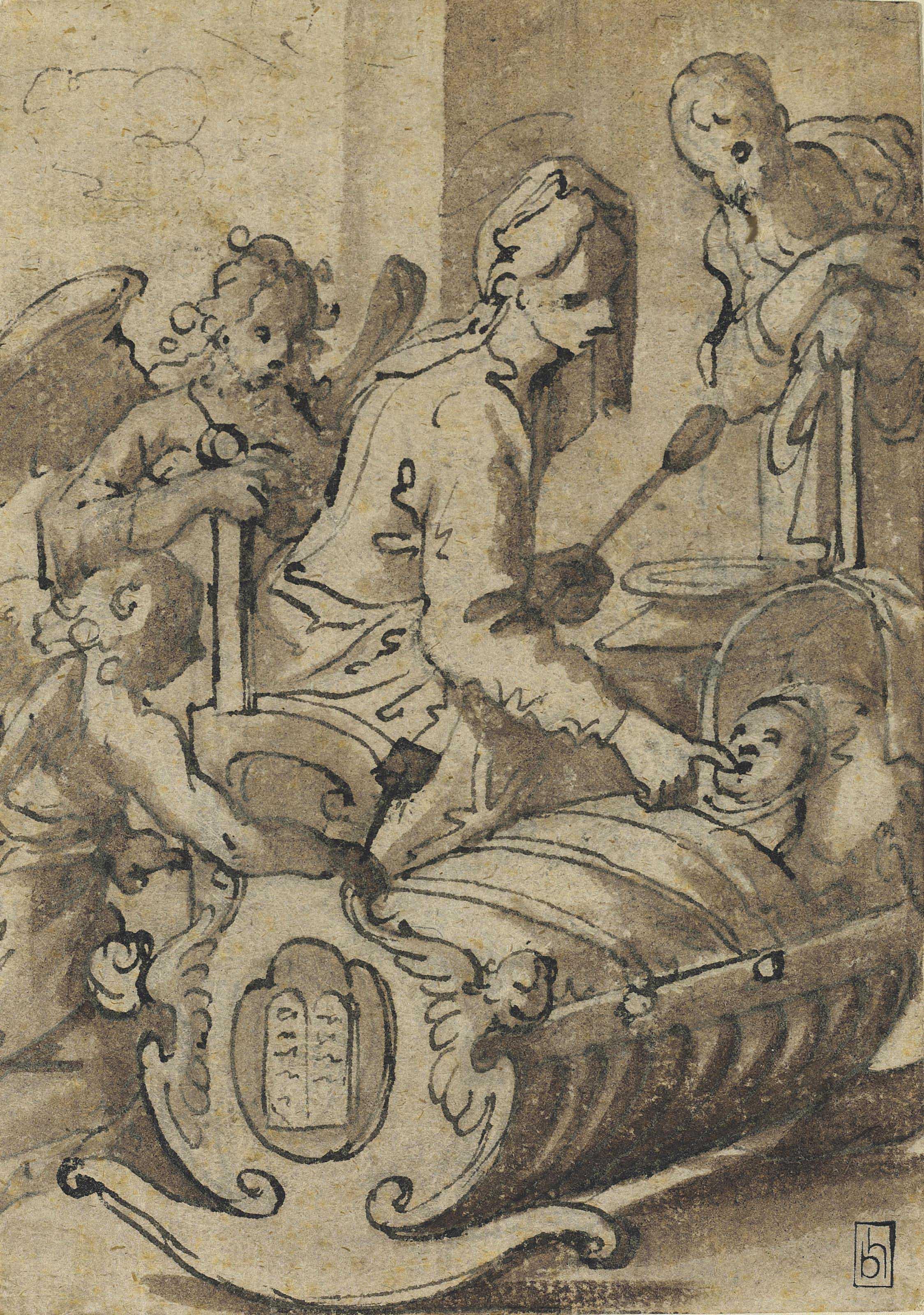 Jan Van Der Straet - The Madonna feeding the Christ Child in a cradle, with Saint Joseph and attendant angels ( recto ); Study of a procession ( verso )
