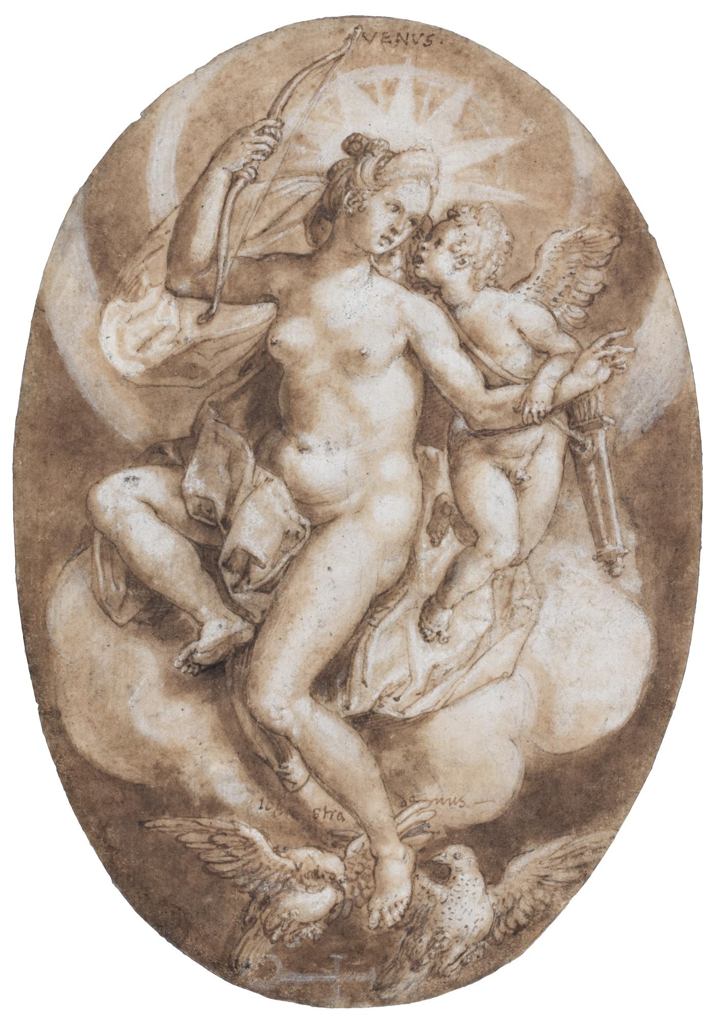 Jan Van Der Straet - Venus, With Cupid, Seated On Clouds