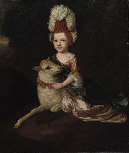 Jan van der Vaart - Portrait of a girl, full-length, in a pink dress, seated by a sheep