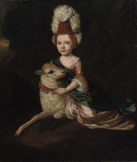 Jan van der Vaart - Portrait of a girl, full-length, in a pink dress, seated by a sheep