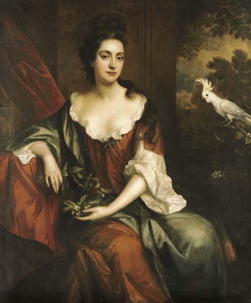 Jan van der Vaart - Portrait of a lady, three-quarter-length, seated in a brown dress with a blue cloak, holding orange blossom, by a red curtain with a white cockatoo, a landscape beyond