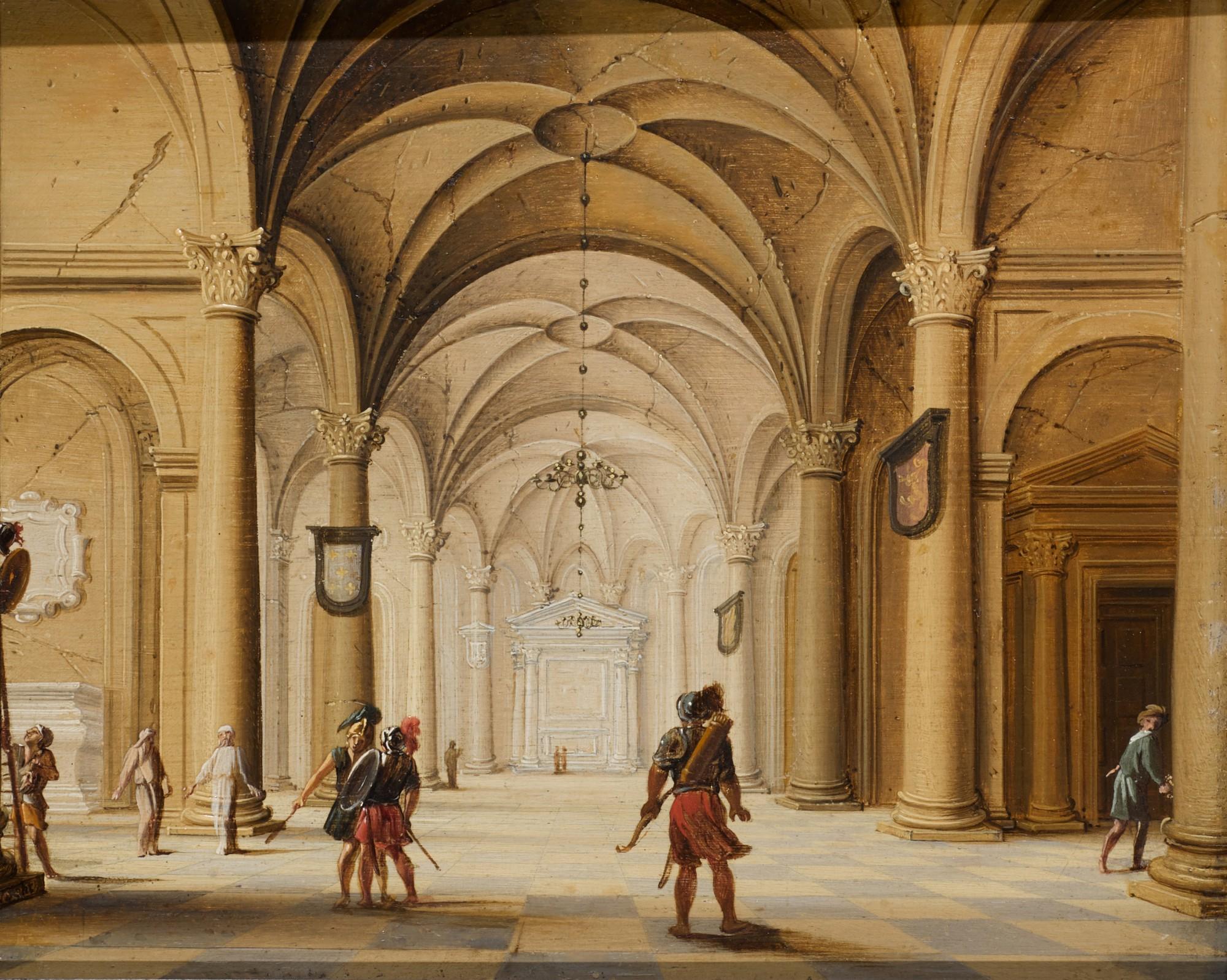 Jan Van Der Vucht - The Interior Of A Cathedral With Soldiers In The Foreground