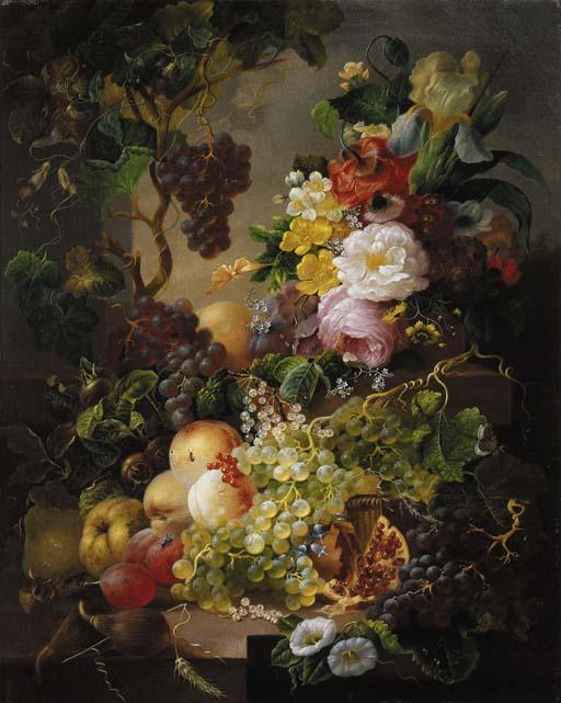 Jan Van Der Waarden - A still life with fruit and flowers amongst vines on a ledge