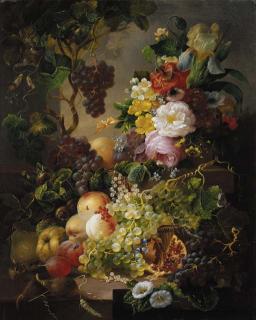Jan Van Der Waarden - A still life with fruit and flowers amongst vines on a ledge