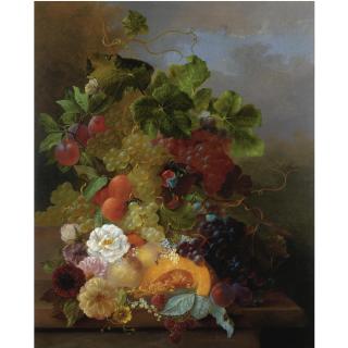 Jan van der Waarden - Dutch Still Life Of Fruit With Dahlias And Roses