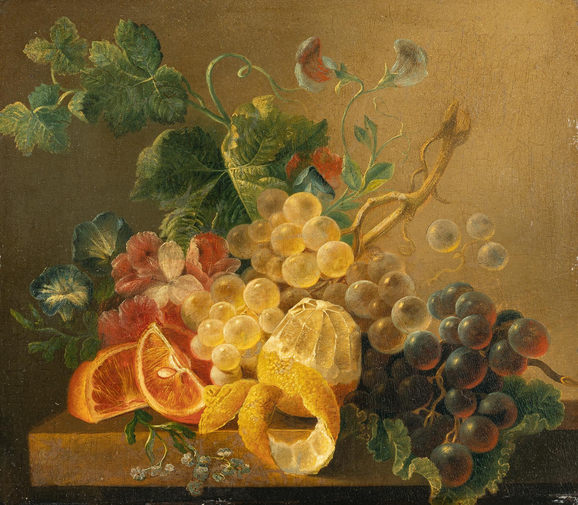 Jan van der Waarden - Früchtestillleben mit Orange, Zitrone und Weintrauben