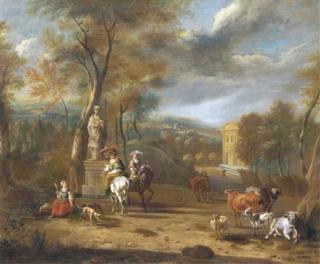Jan van derBent - Elegant Company On Horseback By A Fountain In A Wooded Landscape