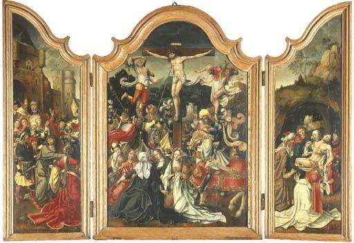 Jan Van Dornicke - A Triptych: central panel: The Crucifixion; left wing: Christ carrying the Cross; right wing: The Entombment