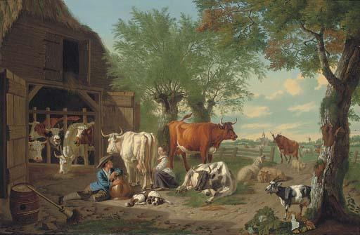 Jan van Gool - A Farmyard With A Milkmaid And A Herdsman