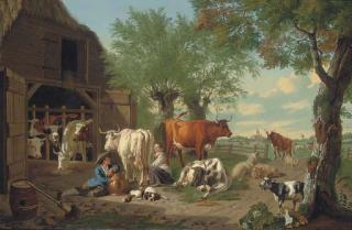 Jan van Gool - A Farmyard With A Milkmaid And A Herdsman