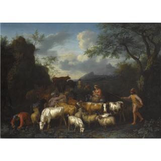 Jan van Gool - A Mountainous Landscape With Herdsmen And Their Cattle Near A Stream